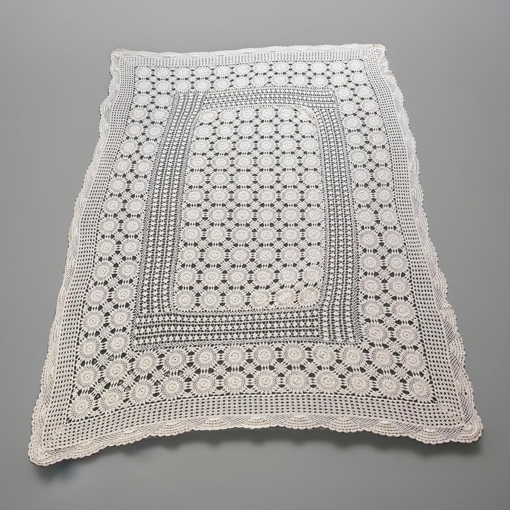 Crochet Lace Tablecloth or Coverlet 83" x 60" Vintage Handmade Boho Floral